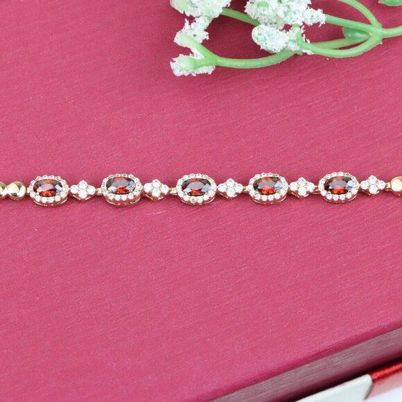 "Rose Gold Plated Red Oval Stone Bracelet with White Accents, XPBL0778 - Picture 6 of 11